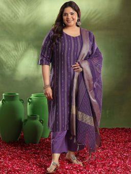 Extra love by Libas - Plus Size Women Purple Woven Design Cotton Blend Straight Kurta Sets for Women