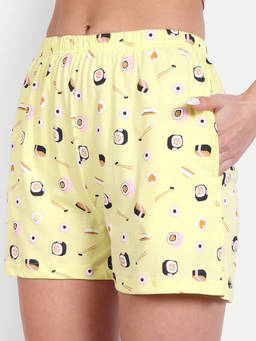 Bedtime Story - Women Yellow Sushi Graphic Printed Shorts