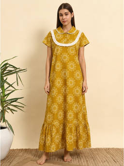 SEPHANI - Women Mustard Printed Night Dress