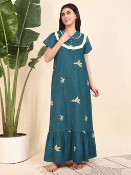 SEPHANI - Women Teal Printed Night Dress
