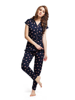 LOTIK - Women Cotton Navy Blue Heart Printed Shirt and Pyjama