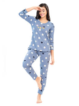 LOTIK - Women Blue Cotton Polka Dots Printed T-shirt and Pyjama