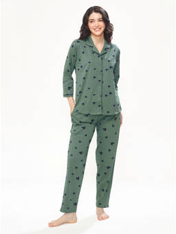 LOTIK - Women Cotton Green Heart Printed Shirt and Pyjama