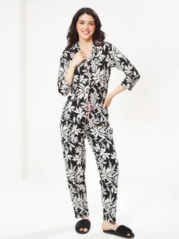 LOTIK - Women Cotton Black Floral Printed Shirt and Pyjama