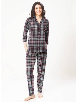 LOTIK - Women Cotton Maroon Checks Printed Shirt and Pyjama