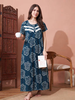 SEPHANI - Women Navy Blue Floral Printed Night Dress
