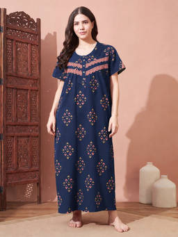 SEPHANI - Women Navy Blue Printed Nightdress