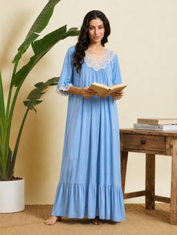 SEPHANI - Women Blue Solid Lace Work Half Sleeves Night Dress