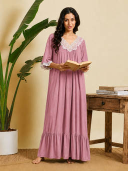 SEPHANI - Women Pink Solid Lace Work Half Sleeves Night Dress