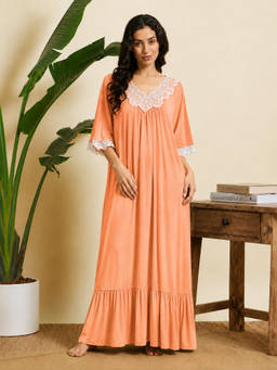SEPHANI - Women Orange Solid Lace Work Half Sleeves Night Dress