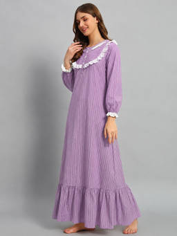 SEPHANI - Women Lavender Stripes Printed Night Dress