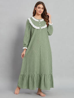 SEPHANI - Women Green Stripes Printed Night Dress
