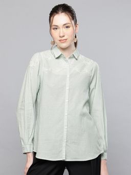 Scoup - Green Cotton Dobby Hand Embroidered Shirt