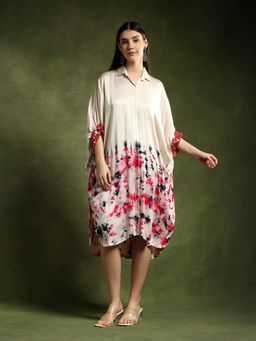 QAIYNAT - Satin Silk Ivory Batik Print Shirt Dress