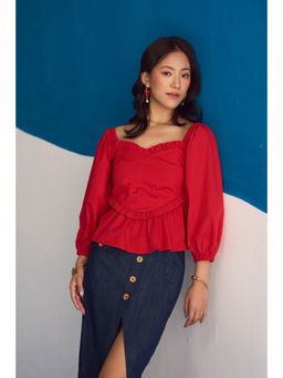 Dearme - Red Rosso Ruffle-Trimmed Peplum Top