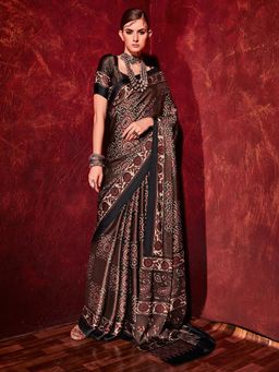 Akhilam - Womens Satin Brown Digital Print Designer Saree with Unstitched Blouse