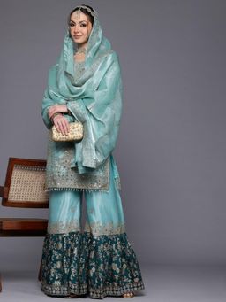 Ahalyaa - Embroidered Women's Kurta and Dupatta with Sharara - Semi-Stitched Dress Material (Set of 3)