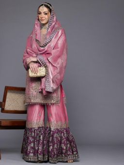 Ahalyaa - Embroidered Women's Kurta and Dupatta with Sharara - Semi-Stitched Dress Material (Set of 3)