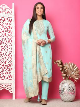 Stylee LIFESTYLE - Turquoise Silk Jacquard Dress Material (Set of 3)