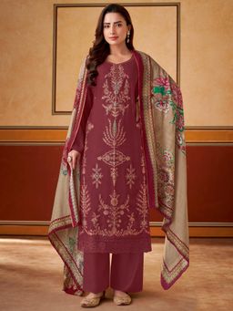 Stylee LIFESTYLE - Maroon Muslin Embroidered Dress Material (Set of 3)