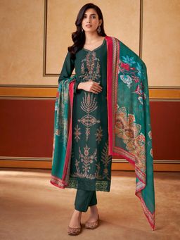 Stylee LIFESTYLE - Teal Muslin Embroidered Dress Material (Set of 3)