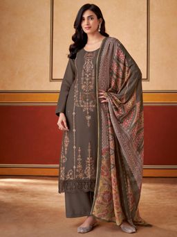 Stylee LIFESTYLE - Brown Muslin Embroidered Dress Material (Set of 3)