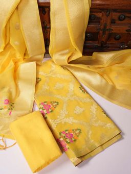 MUFFLY - Women Multi-Color Silk Floral Unstitched Kurta with Bottom and Dupatta (Set of 3)