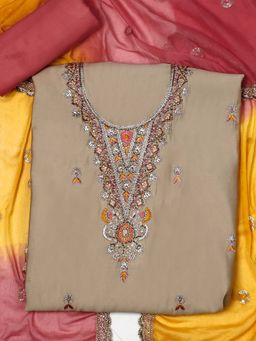 SALWAR STUDIO - Women Grey Silk Embroidered Unstitched Kurta with Bottom and Dupatta (Set of 3)