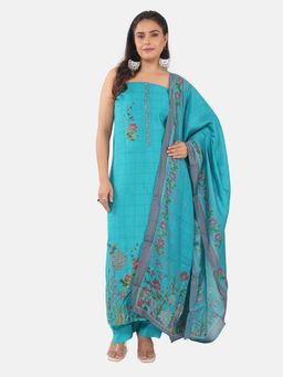 MOZAFIA - Women Blue Fabric Floral Unstitched Kurta with Bottom and Dupatta (Set of 3)