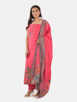 MOZAFIA - Women Red Fabric Floral Unstitched Kurta with Bottom and Dupatta (Set of 3)