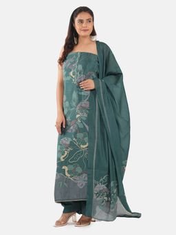 MOZAFIA - Women Green Fabric Floral Unstitched Kurta with Bottom and Dupatta (Set of 3)