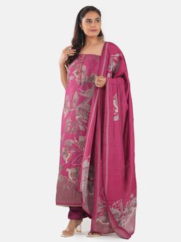 MOZAFIA - Women Purple Fabric Floral Unstitched Kurta with Bottom and Dupatta (Set of 3)
