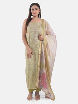 MOZAFIA - Women Green Fabric Floral Unstitched Kurta with Bottom and Dupatta (Set of 3)