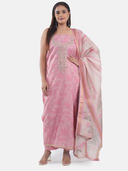 MOZAFIA - Women Pink Fabric Floral Unstitched Kurta with Bottom and Dupatta (Set of 3)