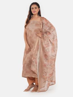 MOZAFIA - Women Beige Fabric Floral Unstitched Kurta with Bottom and Dupatta (Set of 3)