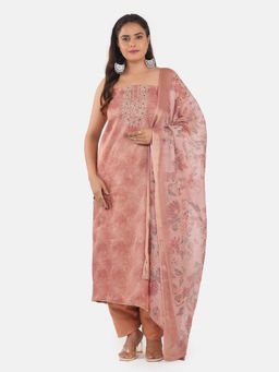 MOZAFIA - Women Pink Fabric Floral Unstitched Kurta with Bottom and Dupatta (Set of 3)