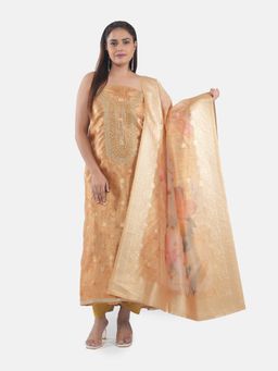 MOZAFIA - Women Orange Fabric Floral Unstitched Kurta with Bottom and Dupatta (Set of 3)