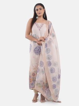 MOZAFIA - Women Beige Fabric Floral Unstitched Kurta with Bottom and Dupatta (Set of 3)