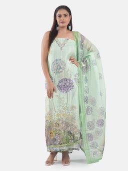 MOZAFIA - Women Green Fabric Floral Unstitched Kurta with Bottom and Dupatta (Set of 3)