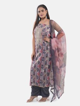 MOZAFIA - Women Grey Fabric Floral Unstitched Kurta with Bottom and Dupatta (Set of 3)