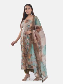 MOZAFIA - Women Mustard Fabric Floral Unstitched Kurta with Bottom and Dupatta (Set of 3)