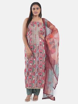 MOZAFIA - Women Red Fabric Floral Unstitched Kurta with Bottom and Dupatta (Set of 3)