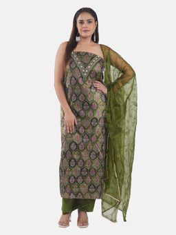 MOZAFIA - Women Green Fabric Floral Unstitched Kurta with Bottom and Dupatta (Set of 3)