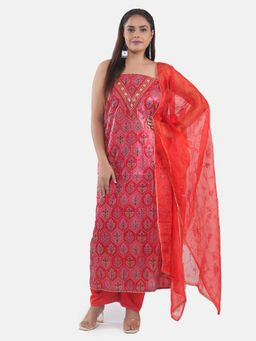MOZAFIA - Women Red Fabric Floral Unstitched Kurta with Bottom and Dupatta (Set of 3)