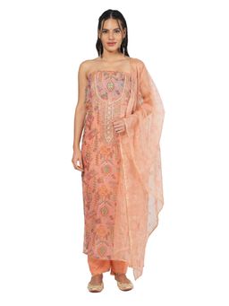 MOZAFIA - Women Pink Fabric Floral Unstitched Kurta with Bottom and Dupatta (Set of 3)