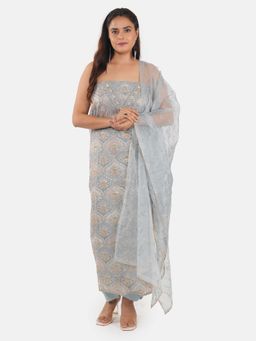 MOZAFIA - Women Grey Fabric Floral Unstitched Kurta with Bottom and Dupatta (Set of 3)