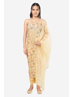 MOZAFIA - Women Beige Fabric Floral Unstitched Kurta with Bottom and Dupatta (Set of 3)