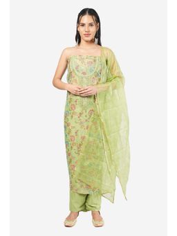 MOZAFIA - Women Green Fabric Floral Unstitched Kurta with Bottom and Dupatta (Set of 3)