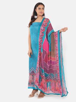 MOZAFIA - Women Blue Fabric Floral Unstitched Kurta with Bottom and Dupatta (Set of 3)