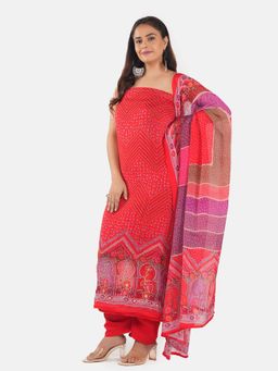 MOZAFIA - Women Red Fabric Floral Unstitched Kurta with Bottom and Dupatta (Set of 3)